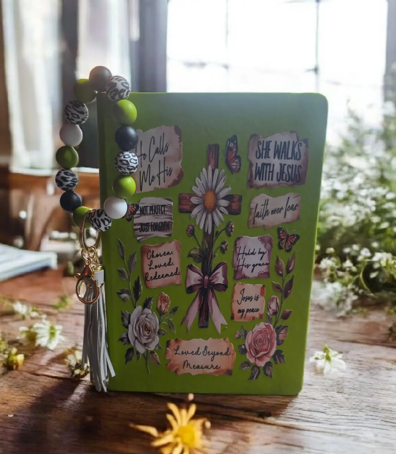 She Walks With Jesus Faith Journal with Beaded Keychain Bracelet - Green Cover Featuring Inspirational Quotes and Floral Design