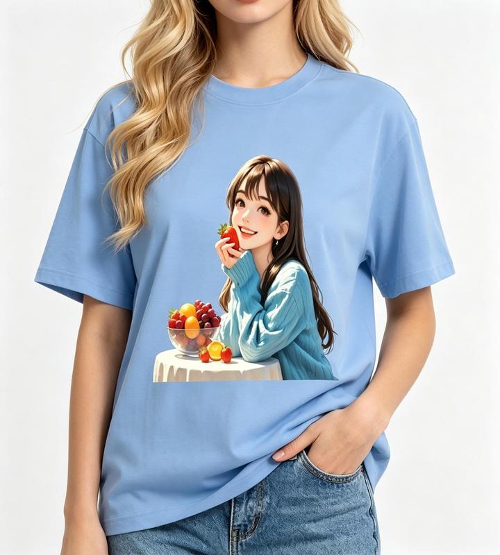 Women's Oversized Short-Sleeve Crew Neck Strawberry Graphic T-Shirt - Soft, Comfortable Kawaii Y2K Aesthetic Streetwear Top for Summer Beach Outfits, Light Blue, Tshirt