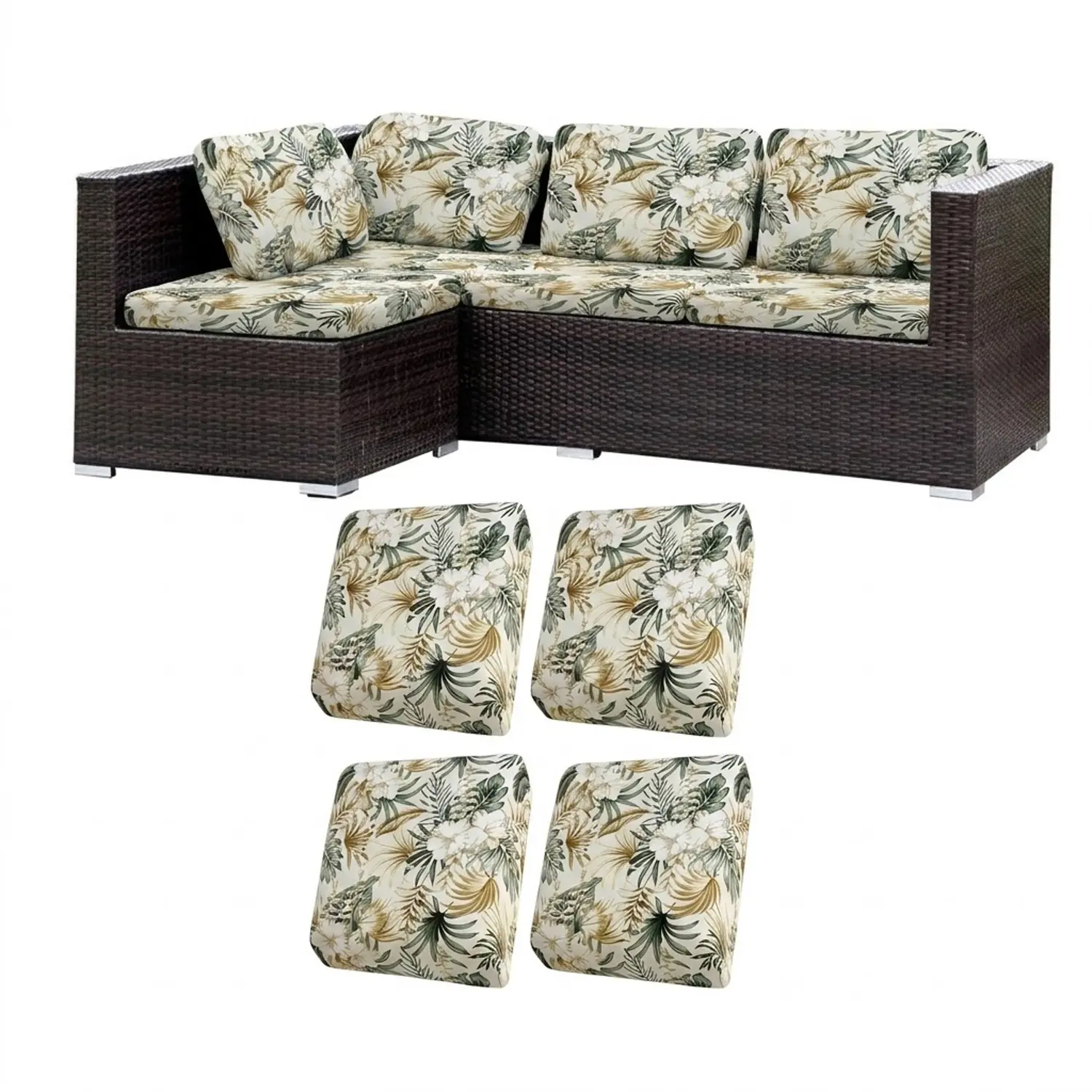 4-Piece Botanical Green Stretch Patio Cushion Covers, Washable Outdoor Couch Seat & Backrest Replacement Slipcovers, Elastic Bottom Furniture Protector for Wicker Patio Furniture