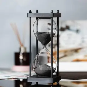 Large Hourglass Timer 60 Minute, Decorative Black Frame Sandglass with Black Sand
