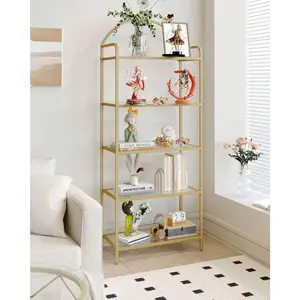 Bookcase Bookshelf, Tempered Glass Bookshelves, Slim Shelving Unit For Bedroom, Bathroom, Home Office, Steel Frame, 5 Tier Gold/6 Tier Gold