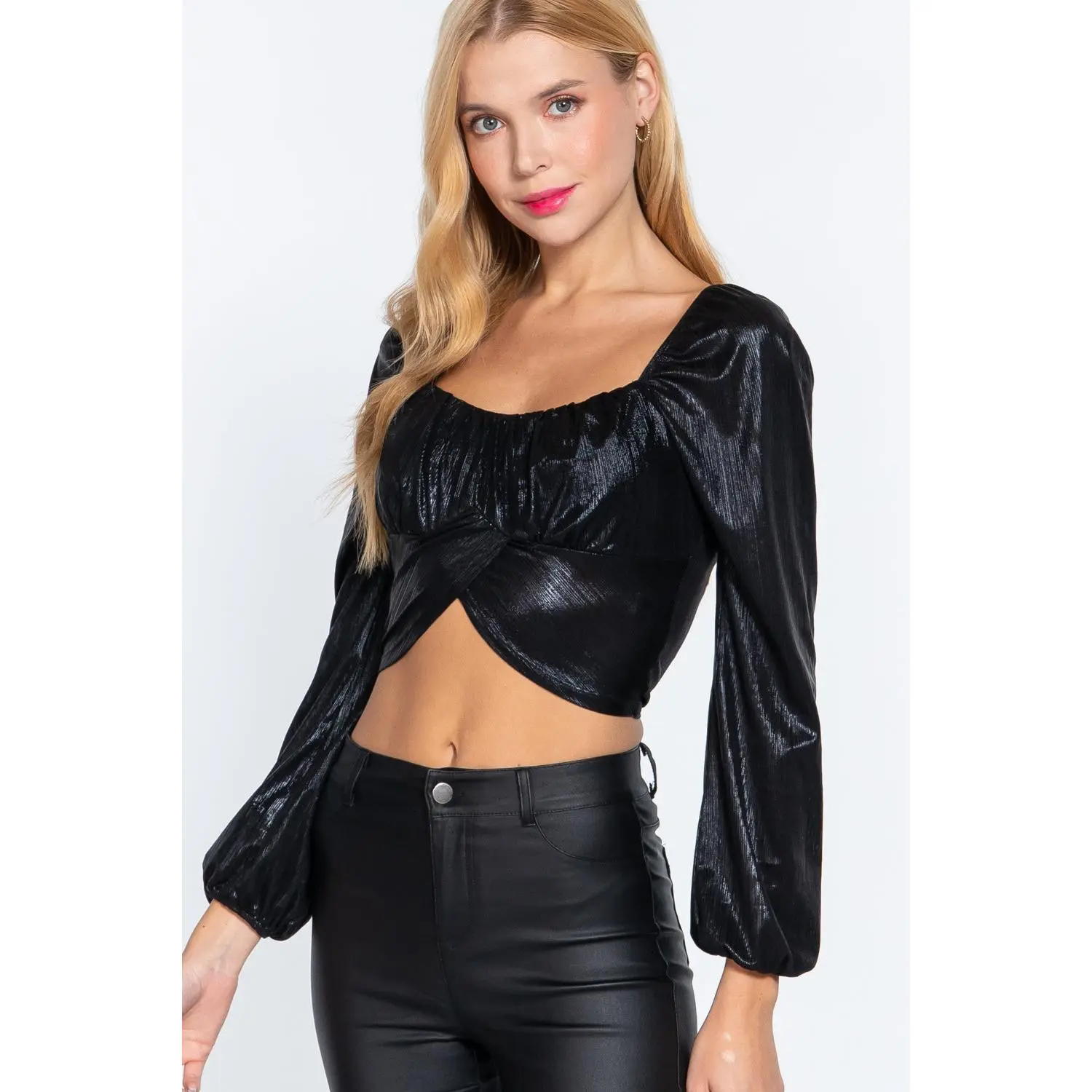 Women's Long-Sleeve Ruched Metallic Knit Blouse, Comfortable Elegant Fit Top