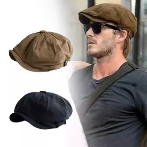 Vintage Herringbone Newsboy Cap Retro Flat Beret Hat for Men Women Casual Daily Wear Unisex Cotton Octagonal Hat Style Coffee Black Grey