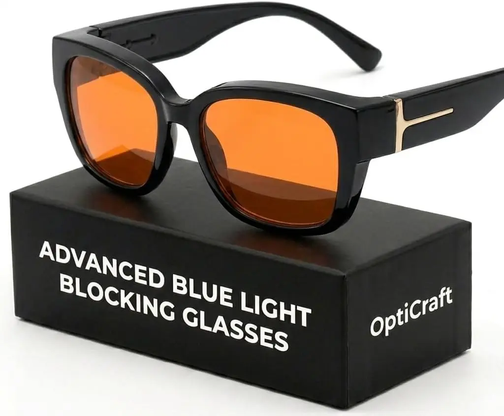 Opti‑Craft Square Oversized Fit‑Over Amber‑Red Tint Gaming Blue Light Blocking Glasses, Headset‑Friendly Esports Eyewear, Relieve Eye Strain & Headaches, Boost Focus and Improve Night‑Time Sleep