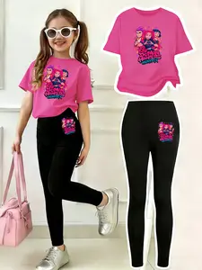 Valentine's Day Kpop Heart Girl Print 2-Piece Fashion Clothes Set for Girls Ages 4-12, Trendy Casual Short Sleeve Top and Long Pants, Perfect Gift for Girls