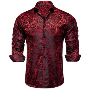 AILISUS Plus Size Men's Paisley Floral Dark Red Long Sleeve Dress Shirt Luxury Formal Casual Breathable Winkle Free Jacquard Button Down Shirts Men Shirts For Wedding Party Form Menswear Tropical