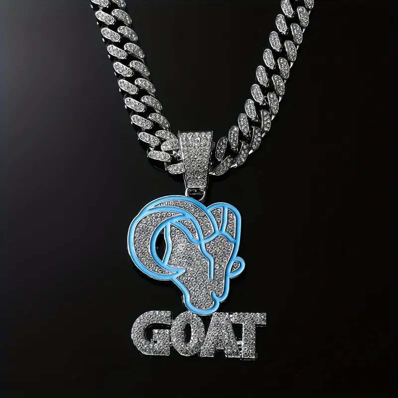 Hip Hop Iced Out Goat Head Pendant Necklace with Blue Rhinestones, Unisex 50cm Alloy Cuban Link Chain for Casual Daily Wear, Alloy Chain, Goat Head Charm, Animal, Chain Jewelry Necklaces