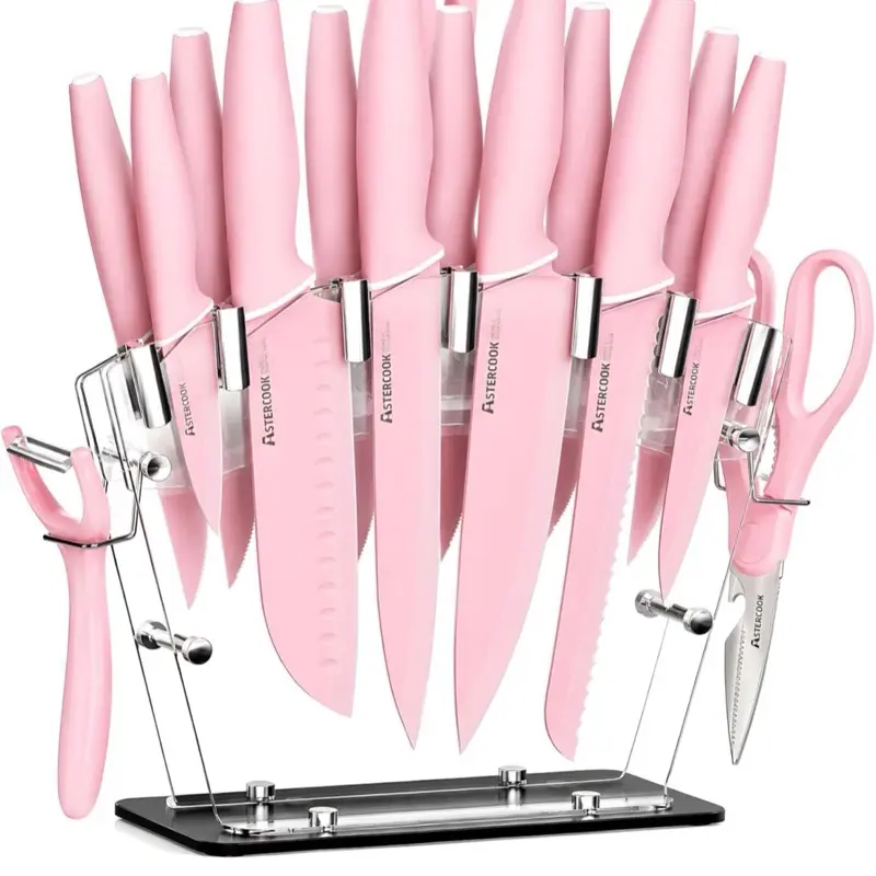 Astercook Knife Set with Clear Block and Sharpener 22Pcs Pink Dishwasher Safe, Space-Saving Clear Knife Block, for Everyday Home Cooking