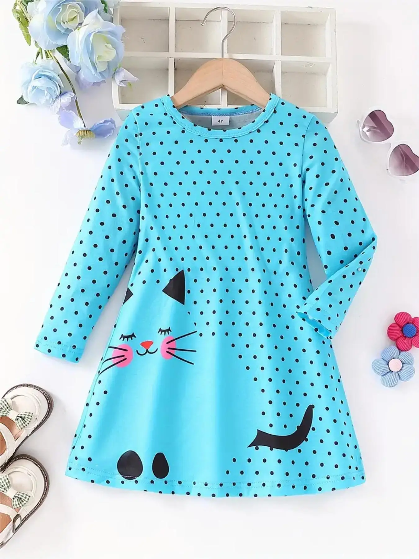 Girl's Polka Dot & Cat Print Long Sleeve Dress, Casual Round Neck A Line Dress for Spring & Fall, Kids Clothes for Daily Wear