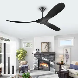 52/60/72-inch 3 Blade Solid Wood Ceiling Fan no Light Large Airflow 6 Speed Quiet Reversible Black DC Fan for Bedroom Living Room Commercial Center