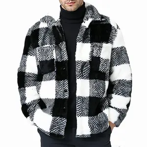 Black & White Plaid Faux Shearling Jacket Men's Warm Stylish Autumn Winter Outerwear for Comfortable Wear Medium
