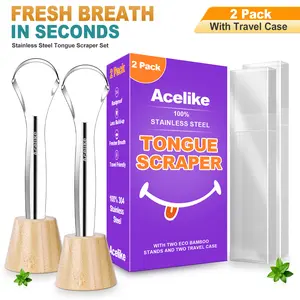 Acelike Tongue Scraper 2 Pack with Travel Case, Stainless Steel Tongue Cleaner for Fresh Breath, Daily Oral Care Tool