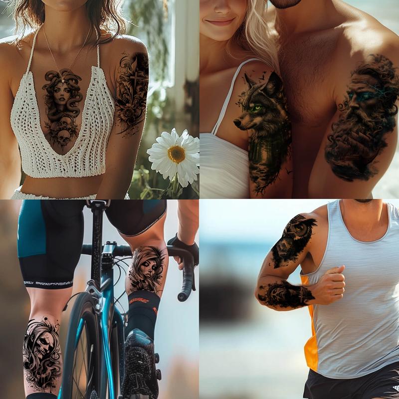 GLARYYEARS 24-Pack Half Sleeve Temporary Tattoos for Adults - Realistic 3D Halloween Cosplay, Lion, Eagle, Skull, Jesus & Greek God Gothic Designs | Waterproof Forearm Body Stickers for Men & Women