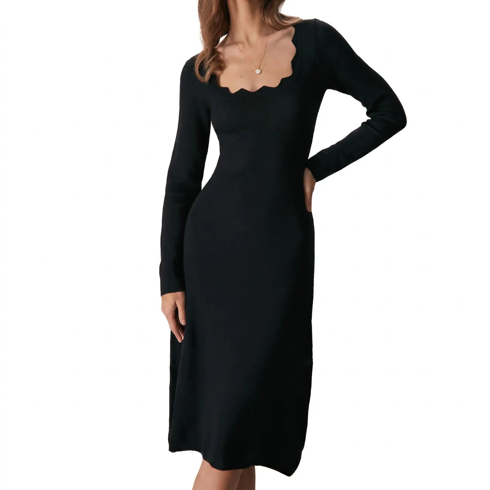 Cicy Bell Women's Scalloped Square Neck Long Sleeve Knit Midi Dress | Slim Fit Bodycon Elegant Stretchy Sweater Dress Casual Party Pencil Dress