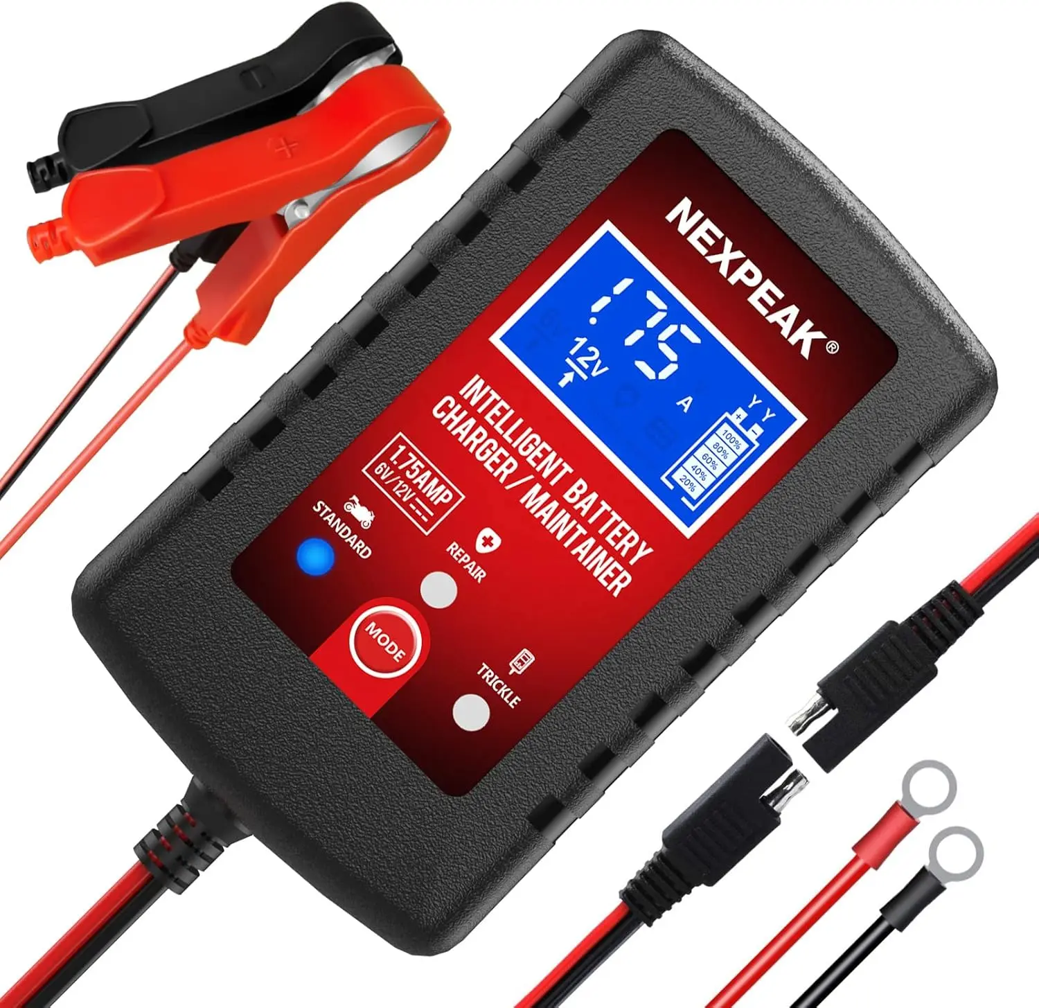1.75 Amp 6V 12V Smart Battery Charger Fully Automatic Car Motorcycle Lawn Mower Boat Marine Battery Maintainer Trickle Charger with Desulfator for Lead Acid AGM Gel Batteries Home Garage Use