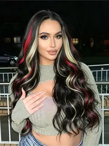 Ombre Black Wig with Red & Blonde Highlights 28 Inch Wavy Lace Front Wig 13x4 HD Lace Pre-Plucked Hairline Heat Resistant Soft Synthetic Hair for Daily & Party