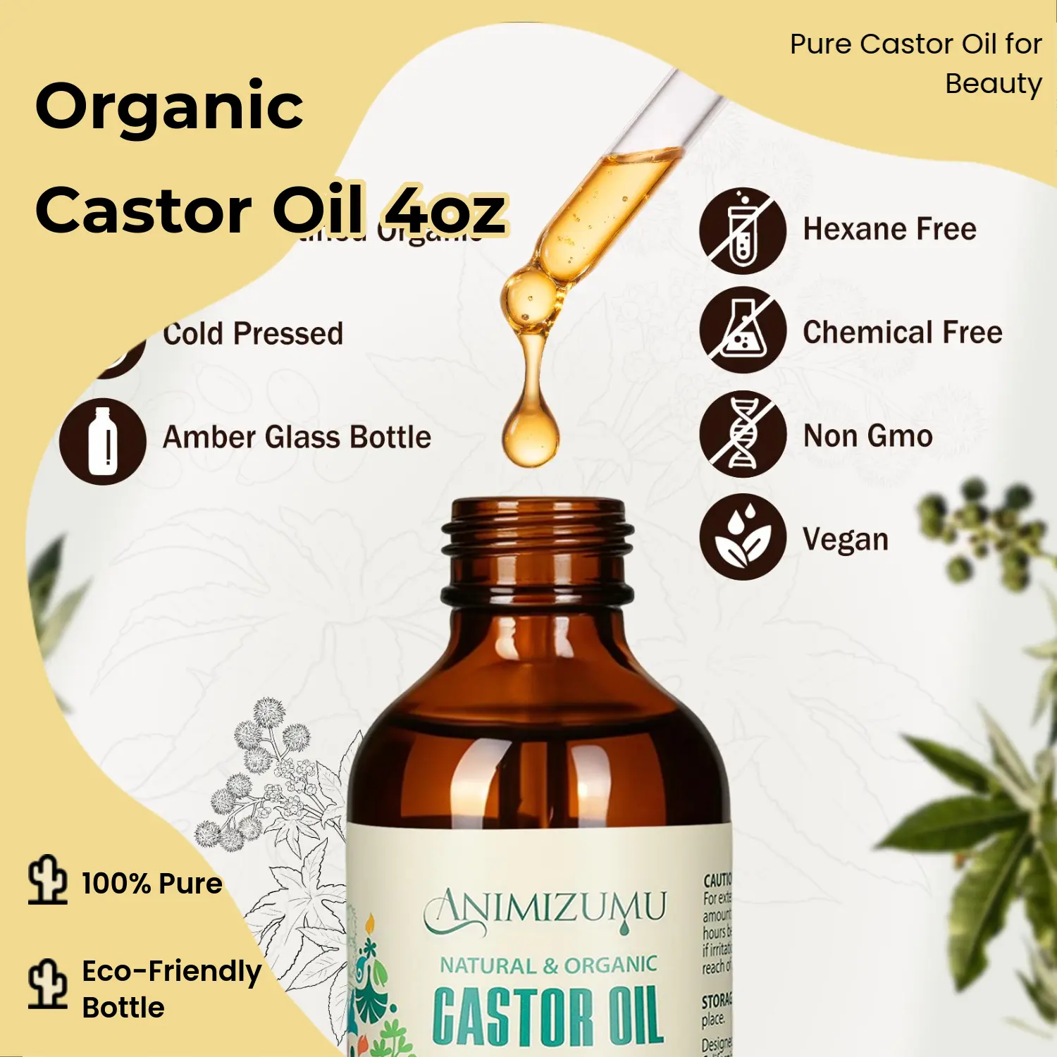 ANIMIZUMU USDA Organic Castor Oil - 100% Pure, Cold-Pressed & Hexane-Free for Hair, Skin, Eyelashes & Eyebrows - Plant Based Oil for Anti-Frizz & Shiny Hair, 4 fl oz, Aluminum Free, Adults, Natural Beauty, Anti-Frizz Shine, Haircare, Hair Skin Nails