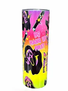 No You Hang Up First 20oz Skinny Straight Tumbler - Scream Horror Design - Amy's Tumbler Junkies - 20 oz. Sublimation Tumbler with Clear Lid & Straw
