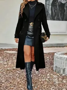 Women's Solid Color Lapel Long Sleeve Casual Fashion Woolen Coat Jackets, Fall Winter Long Line Double Buttoned Overcoat, Ladies Outerwear
