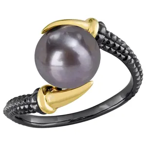Men's Cultured Black Pearl Two-Tone Claw Ring, Sterling