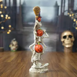 Halloween Skeleton Pumpkin Stack Decoration, 3-Tier Resin Statue with Smiling Face and Witch Hat, Indoor Outdoor Tabletop Horror Decor for Parties, Home Decor Ornaments