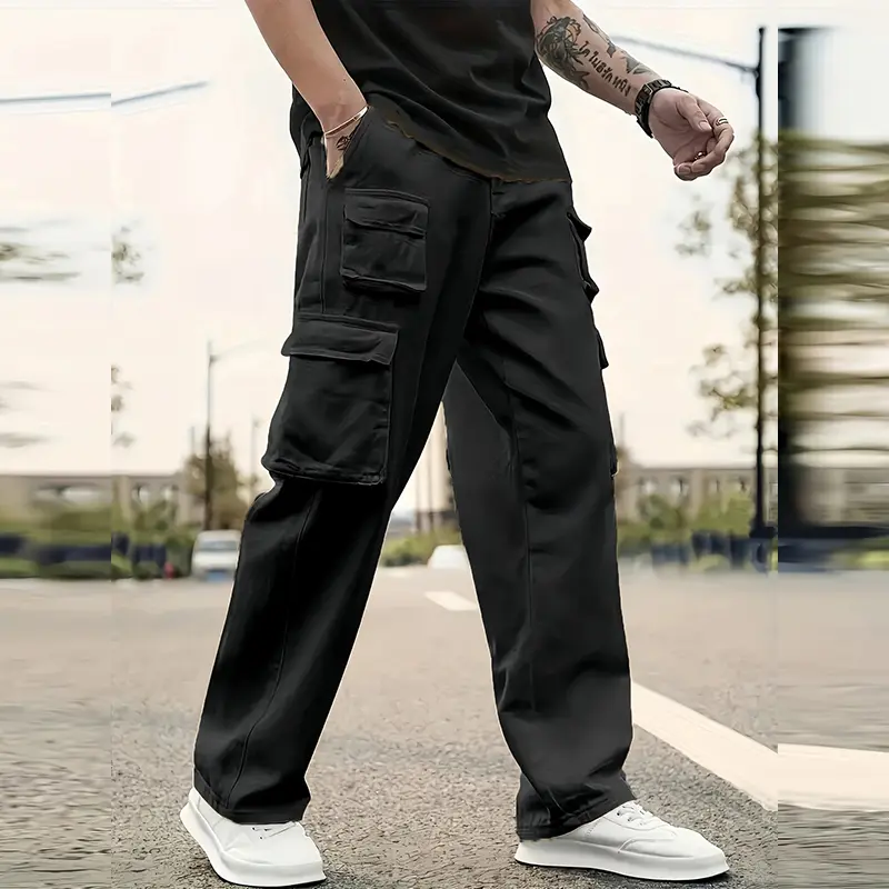 Men’s Stylish Plain Menswear Cargo Pants, Spring & Autumn Wide Straight-Leg, Solid Color, Multi-Layer 3D Patch Pockets, Versatile Casual Long Pants for Holiday Outings & City Shopping