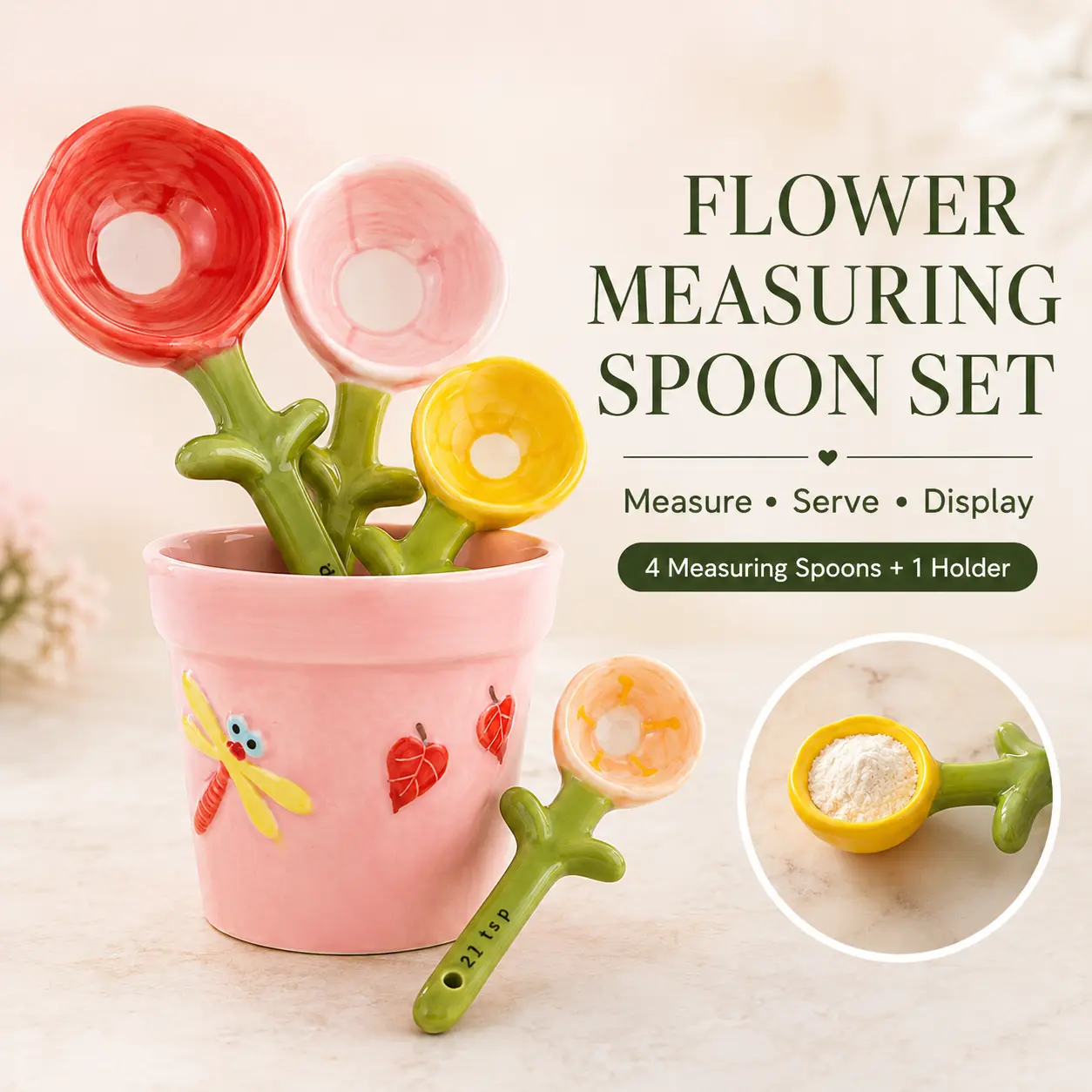 Handmade Ceramics 4-Pack Cute Ceramic Flower Measuring Spoons Set with Stand, Decorative Flower Pot Design with Capacity Marks for Milk Powder, Sugar and Salt, Baking Spoons for Home Kitchen Cooking, Kitchen Measuring Utensils-MM