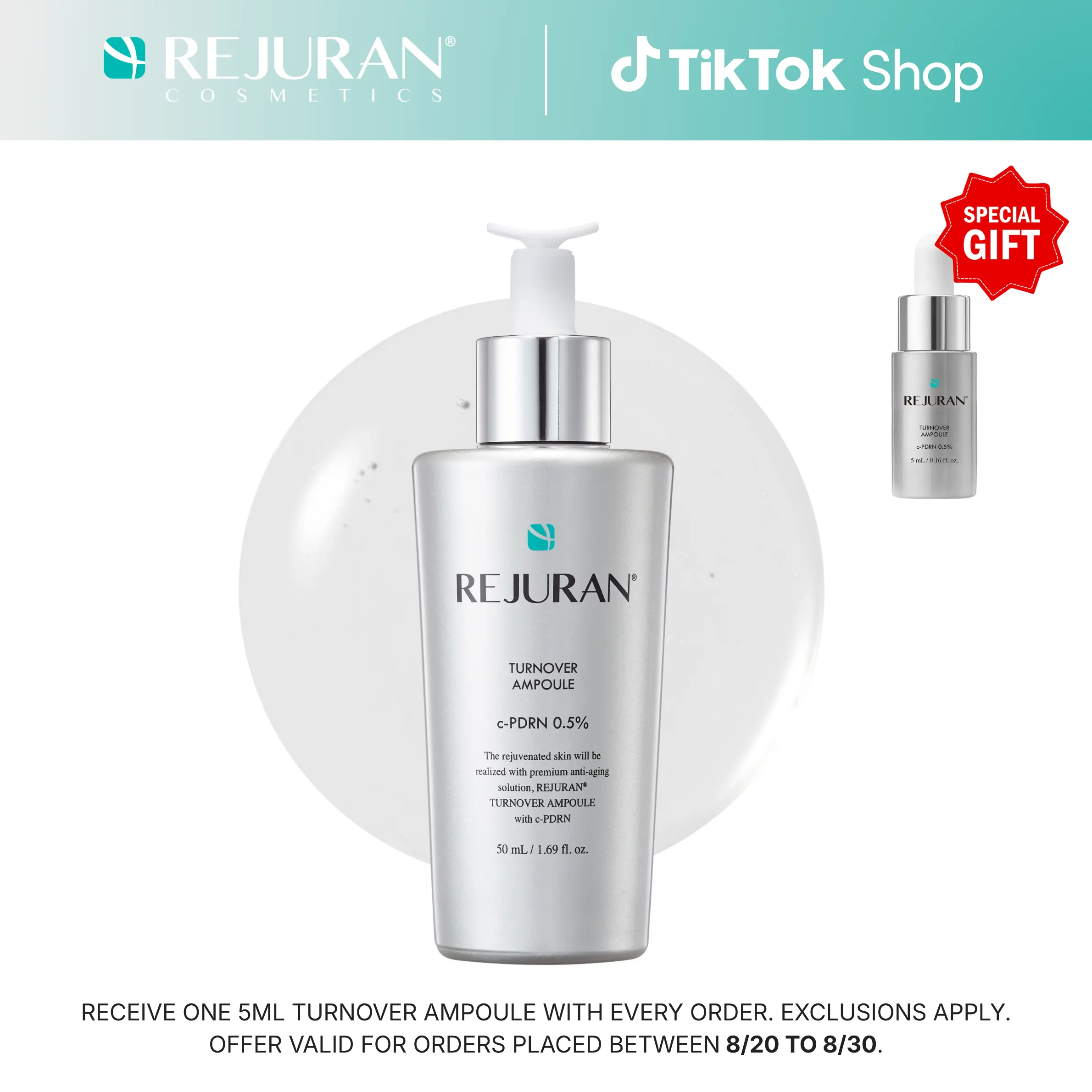 REJURAN Turnover Ampoule, c-PDRN - Anti-Aging Face Serum for Firmness, Radiance, and Youthful Skin. Larger Size for Extended Use (1.69 fl oz), Korean Skin Care.