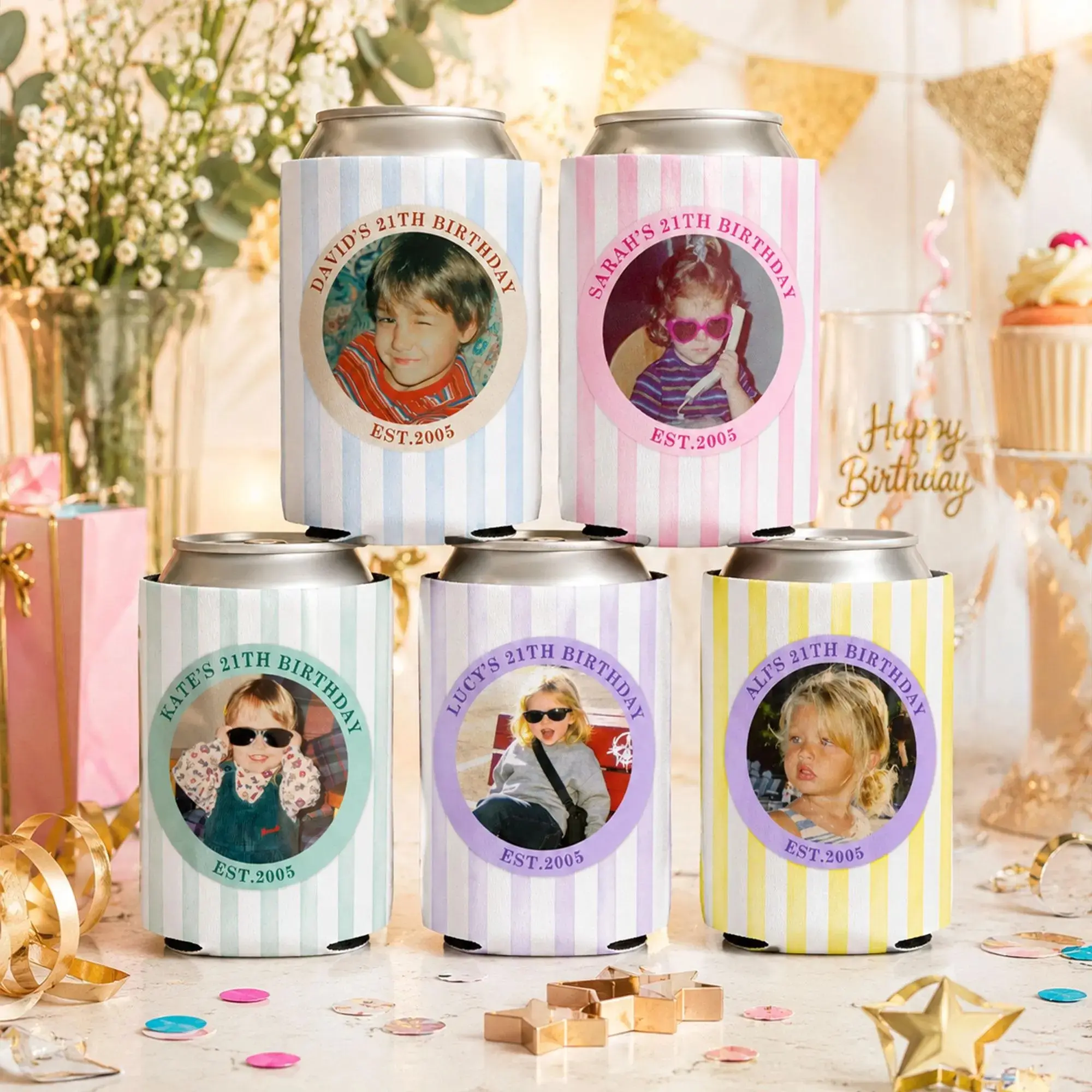 Personalized Birthday Can Cooler with Photo, Custom Photo Drink Sleeve, 21st Birthday Party Decor, Milestone Gift