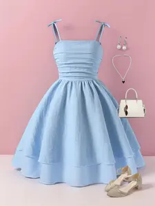 Girls' Cute Sweet Elegant Multi-Layer Hem Spaghetti Strap Ruffle Hem Frill Trim Dress, Summer Woven Fabric, Fitted Style, Perfect for Daily Wear & Parties, Frilled Dress
