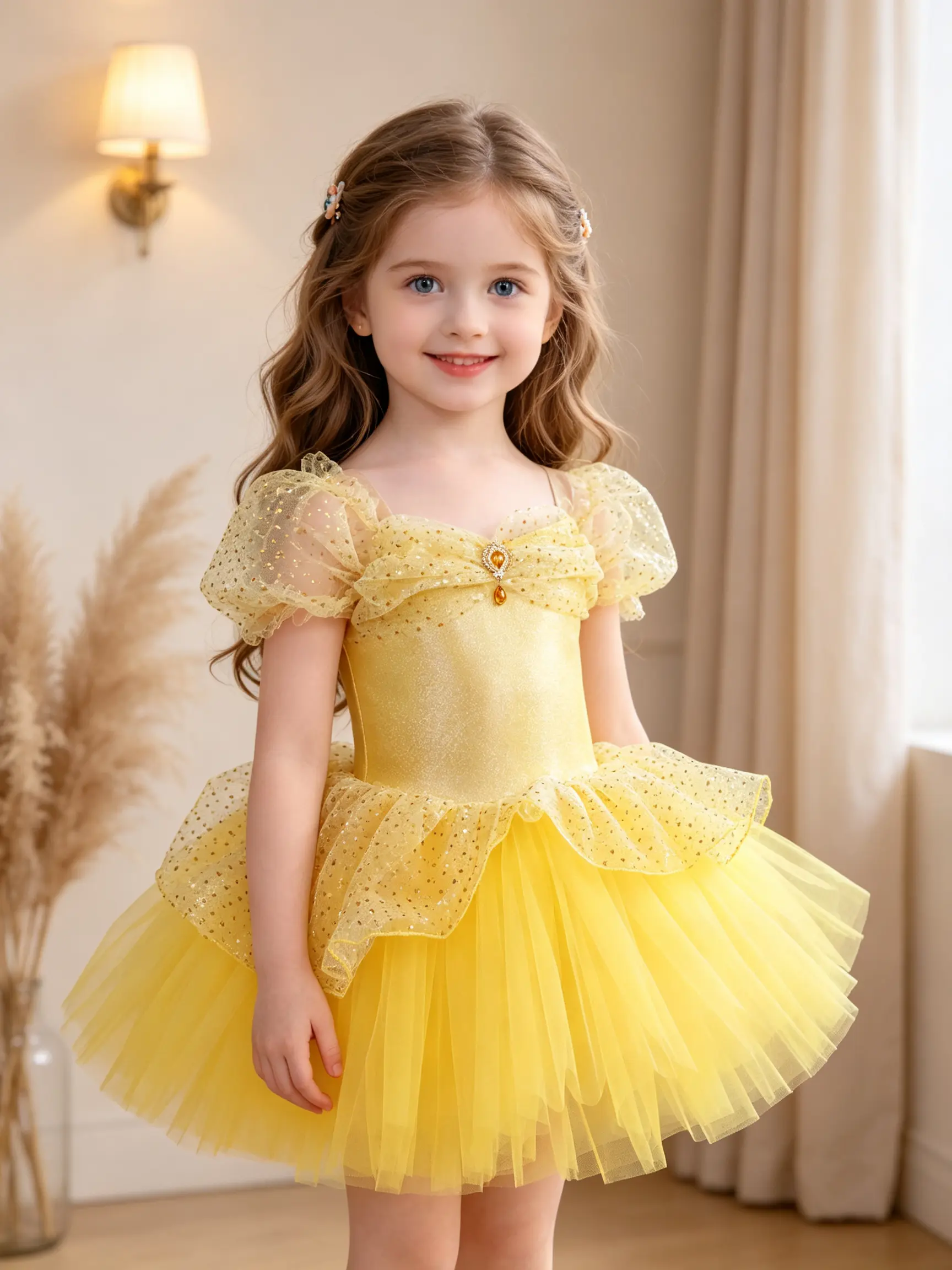 Little Girls Yellow Puff Sleeve Rhinestone Bow Ballet Leotard Princess Tutu Dress, Glitter Mesh Layered Tulle Ballerina Outfit for Dance Class Party & Dress Up