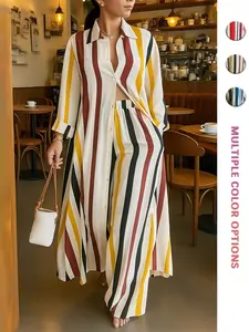 Striped Two-Piece Vacation Set, Casual Outfits Women, Shirt Collar Long Sleeve Top + Wide Leg Pants, Casual Commuter Party Wear for Women