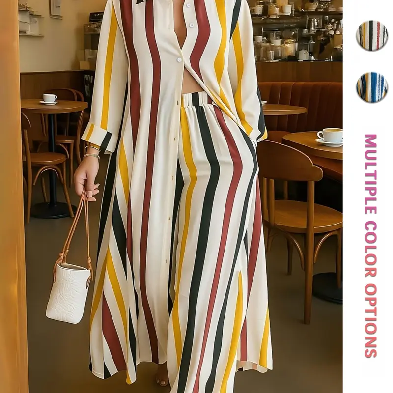Women’s Striped Two Piece Resort Set, Long Sleeve Shirt Top and Wide Leg Pants Vacation Two Pieces Outfits Clothes