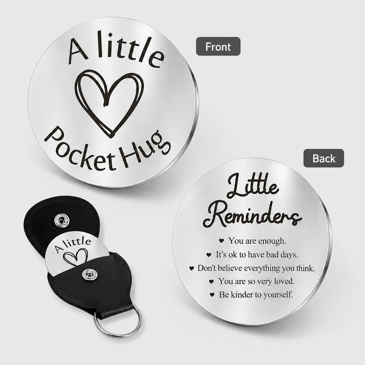 Stainless Steel Pocket Hug Coin Keychain - Engraved Letters, Durable, Elegant, Scratch Resistant, Fade Resistant, Double-Sided, EDC Gear, Anxiety Support Reminder, Split Ring Gift, Keychain Inspo for Everyday Daily Use