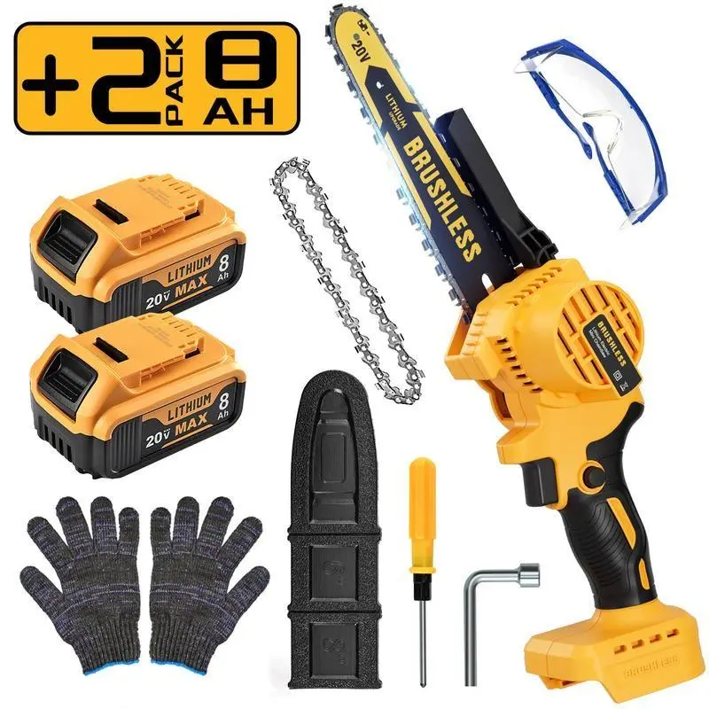 8-Inch Brushless Lithium-Ion Portable Hand Chainsaw Power Tool, Dewalt 20V/60V Battery Compatible, 1100W Power, 5m/s Chain Speed, 800g Ultra-Lightweight, 8in Wide Cut, with Saw Blades, for Tree Care, Pruning Wood & Timber Cutting