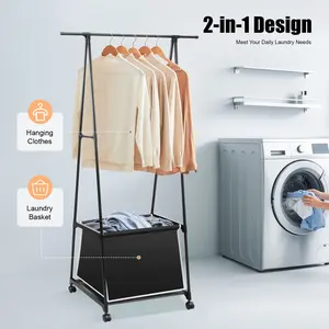CNCEST Portable Clothes Rack with Laundry Basket, Rolling Garment Rail on 4 Wheels for Bedroom, 33lbs Capacity Freestanding Wardrobe Storage Organizer