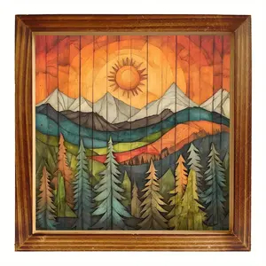 8x8 Inch Wooden Framed Wall Art - Summer Landscape with Mountains, Sun & Pine Trees, Recycled Wood Horizontal Wall Decor for Living Room, Kitchen, Bedroom, Bathroom - Mother's Day & Holiday Home Decoration Gift