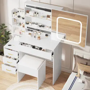 Modern Vanity Desk with Sliding LED Mirror, 4 Drawers, Open Storage Shelves, Power Outlet, Cushioned Stool – Adjustable Lighting Makeup Dressing Table for Bedroom, Natural, Black, White Marble