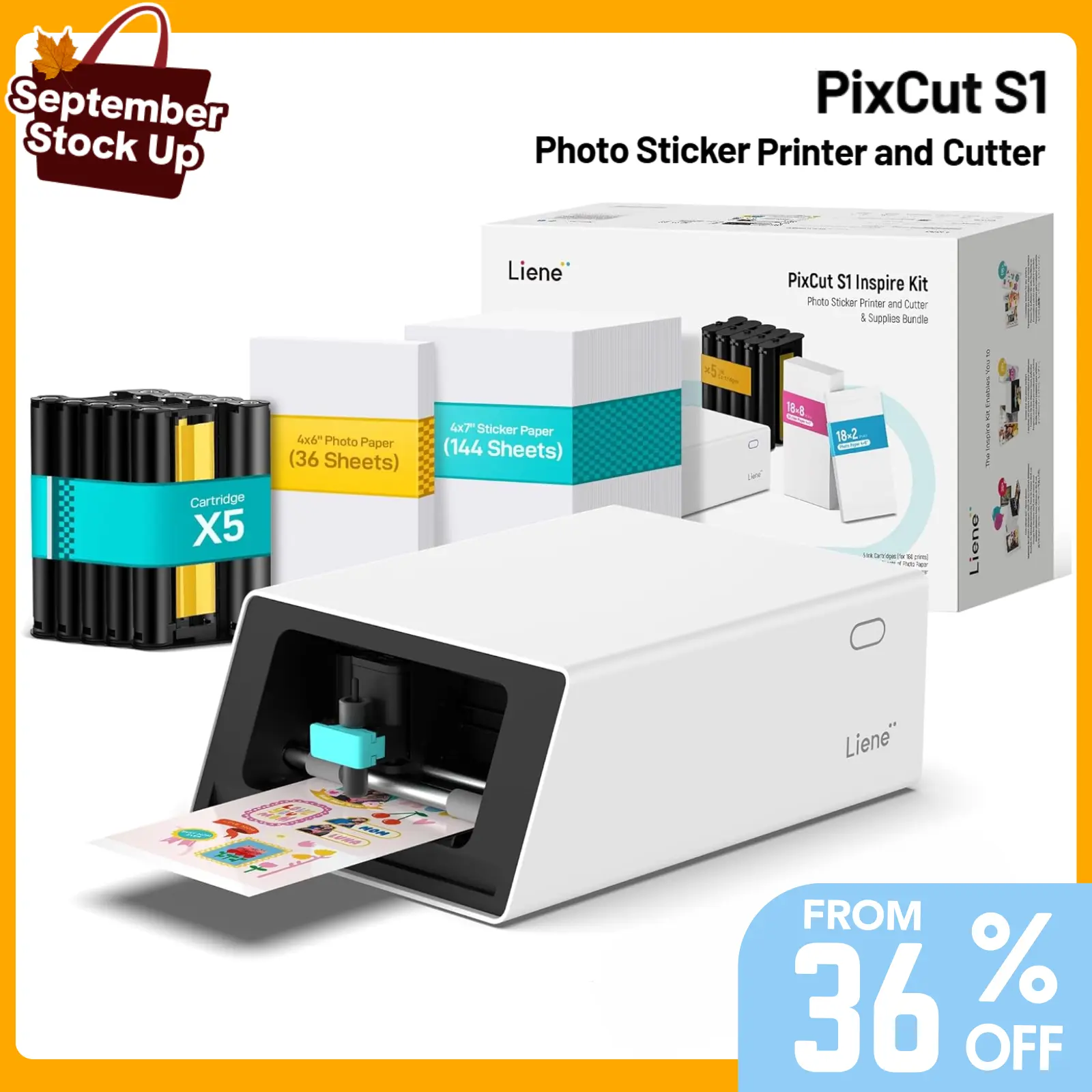 Liene PixCut S1 All-in-1 Color Sticker Printer-Cutting Machine, Thermal Dye-Sublimation Thermal Label Printer with 300dpi Print, Bluetooth, Compact Design, Precise AI Auto-Cutting, AI Design App Support for DIY Crafts, Label Printing