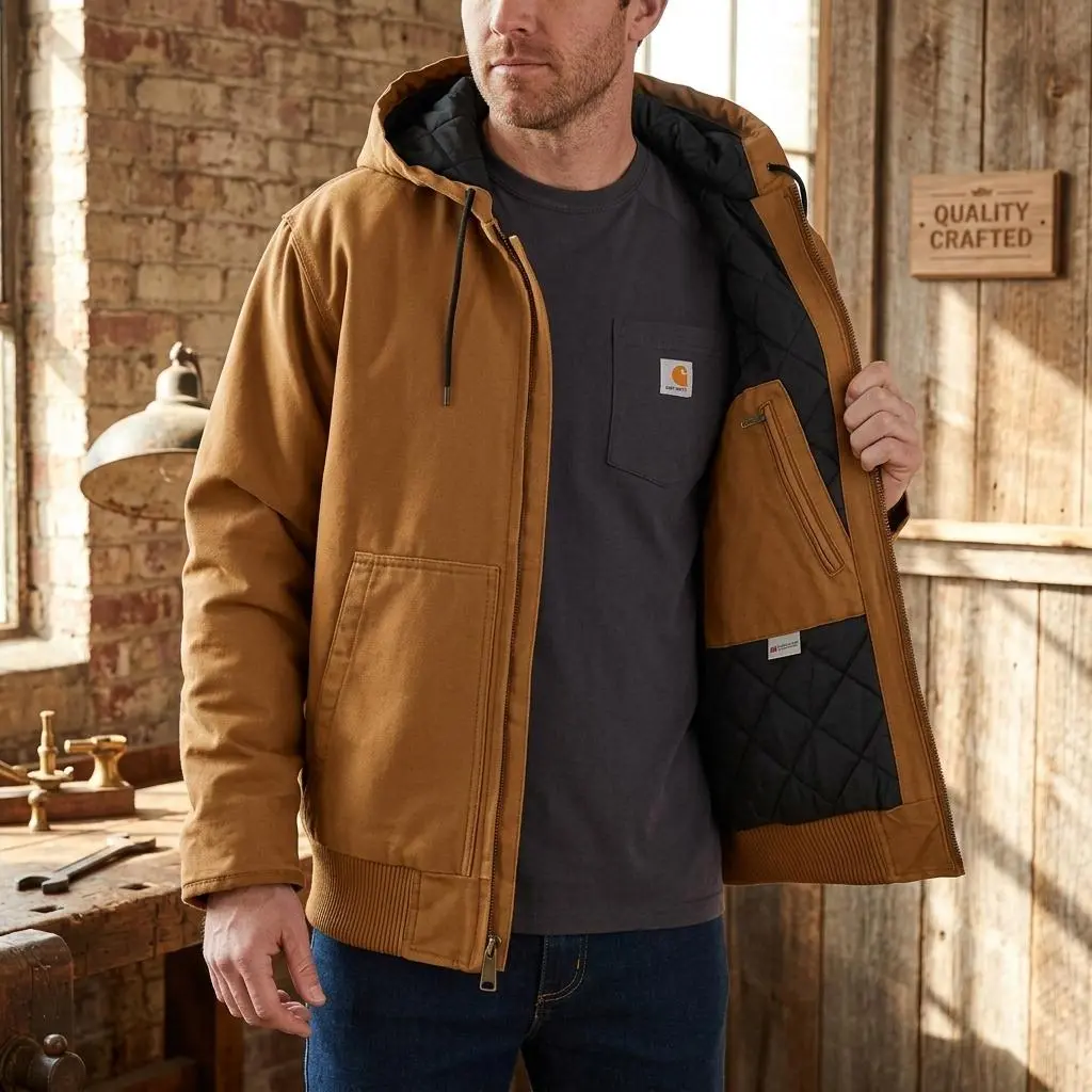 Carhartt Men American Washed Canvas Heavy Quilted Hooded Work Jacket, Insulated Rugged Outerwear for Work Outdoor Daily Wear