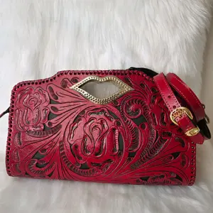 Red Leather Handbag with Floral Embroidery and Gold Hardware