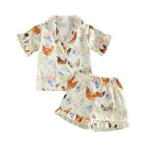 Canrulo Toddler Girls Summer Pajamas Chick Floral Short Sleeve Lapel Button Down Shirt Shorts Satin Silk Sleepwear Nightgown