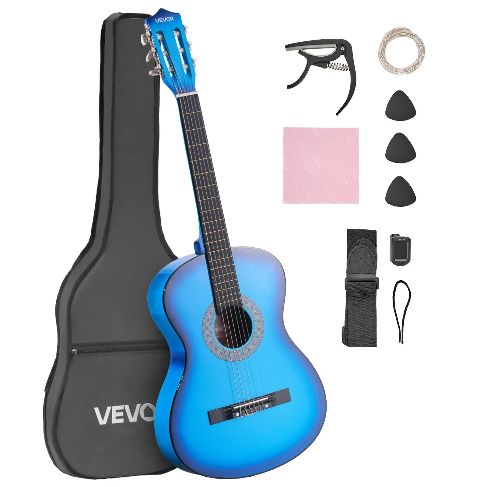 VEVOR 38-Inch Basswood Classical Guitar Starter Kit for New Learners, Nylon Strings, Gig Bag, Strap, Tuner, Extra Strings, Picks, Capo, Rich Resonance, Easy & Accurate Tuning, Effortless to Tune, Blue