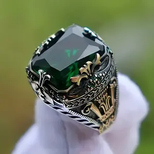 Fashionable and trendy minimalist gemstone ring, luxurious men's ring, retro style green cubic zirconia - fashionable and versatile ring, alloy party and gift accessories