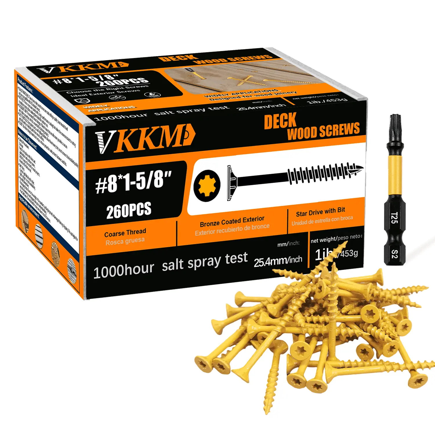 VKKM 260Pcs #8 x 1-5/8 Inch Bronze Torx Countersunk Wood Screws, Hardened Carbon Steel Anti-Corrosion Self Tapping Fasteners with Free T25 Bit for Indoor Cabinet Furniture Wood DIY Projects