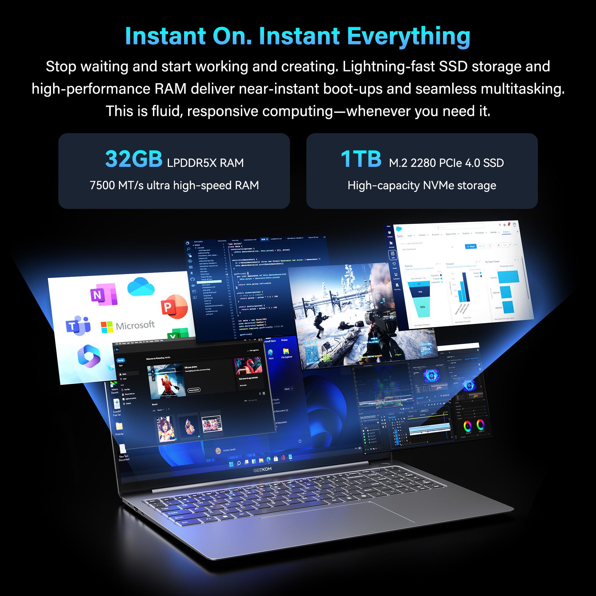 GEEKOM GeekBook X16 Pro 16" Laptop - Intel Ultra CPU, 32GBRAM, 1TB & 2TB SSD, 2.8K OLED, AI Performance, Lightweight,Extended 2-Year Warranty, Fast charging, Whisper-QuietCooling GEEKOM GeekBook X16 Pro 16" Laptop - Intel Ultra CPU, 32GBRAM, 1TB & 2TB SSD, 2.8K OLED, AI Performance, Lightweight,Extended 2-Year Warranty, Fast charging, Whisper-QuietCooling