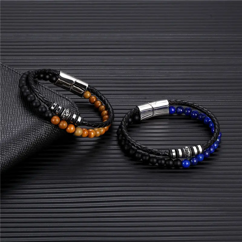New 2026 Men Natural Stone Genuine Braided Leather Bracelet Stainless Steel Magnetic Clasp Iapis lazuli Bead Bracelet Jewelry