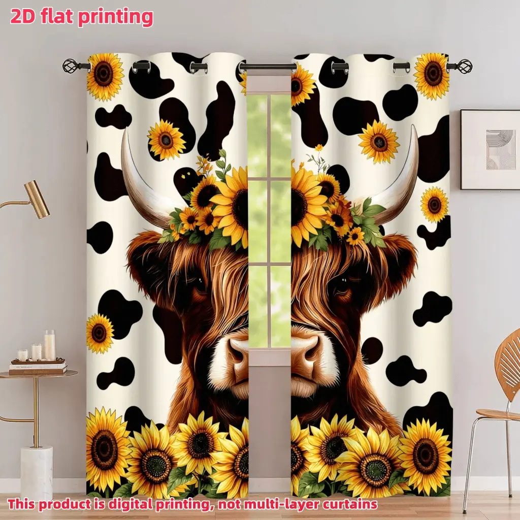 2D Flat 2Pcs Highland Cow Sunflowers Curtain Panels, Farmhouse Theme Eyelet Curtains for Living Room Bedroom Window, Privacy Protection, Decor, Home, Kitchen,,, Decor.