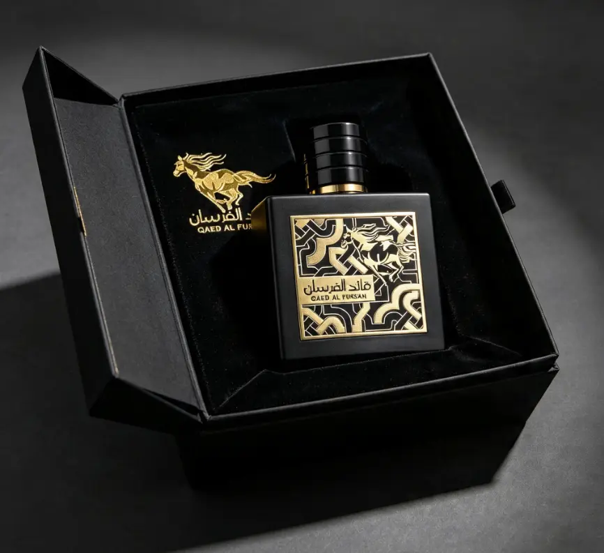 Qaed Al Fursan 100ml Men Arabian Eau de Parfum, Matte Black Square Bottle Spicy Saffron Oud Leather Woody Cologne, 10–14 Hour Powerful Long Lasting Warrior Scent With Gold Running Horse Embossed Black Gift Box For Office Wedding Party Travel