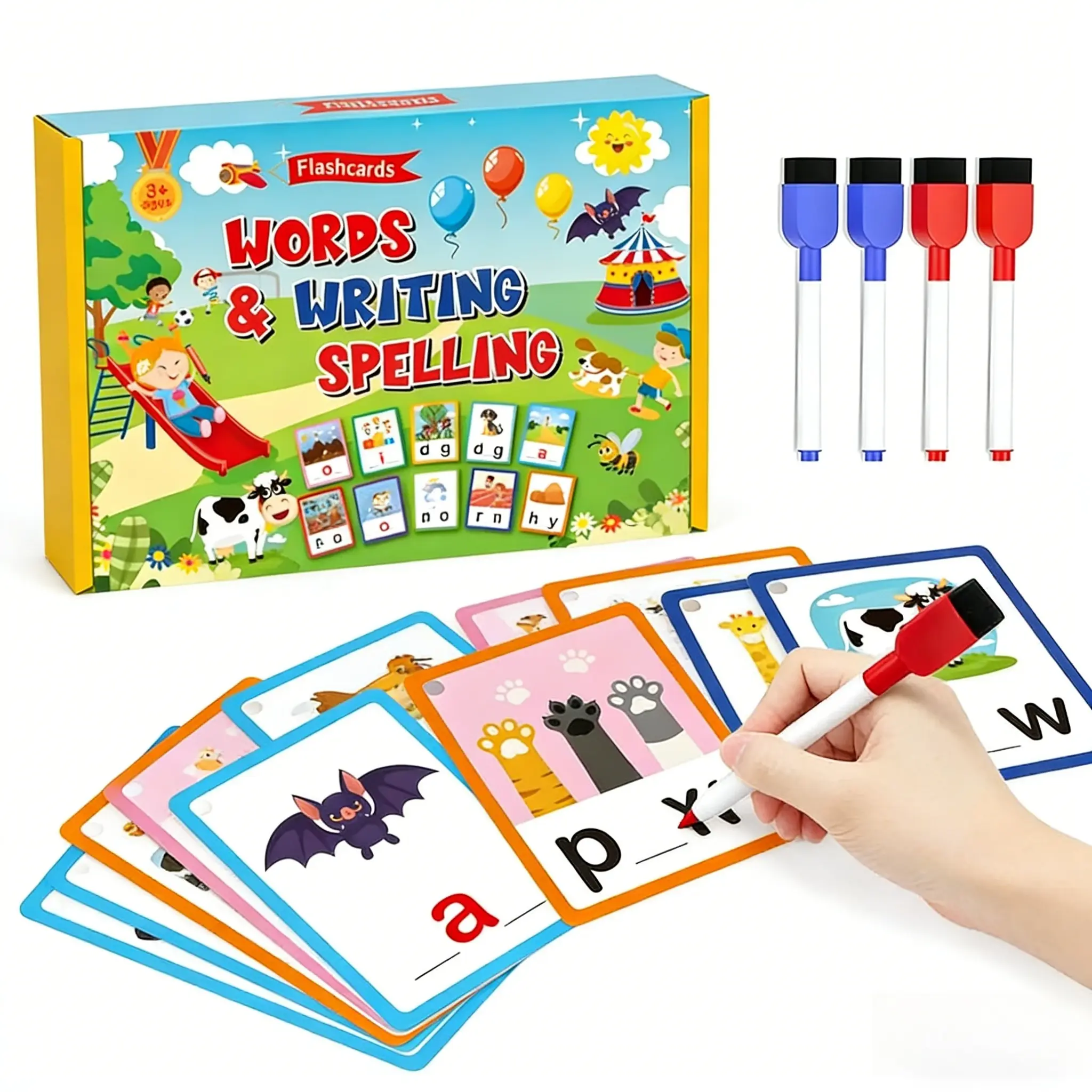 Kids Learning Toys Ages 3-6, CVC Words Flash Cards with Dry Erase Markers, Preschool Phonics Reading and Spelling Practice Cards, Reusable Writing Activity Cards, Kindergarten Learning Toys for Toddlers, Montessori Educational Learning Activities